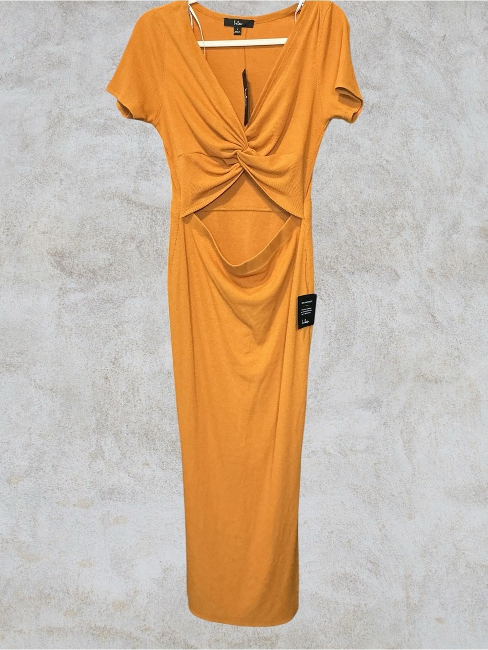 Lulu's Mustard Twist-Front Cutout Maxi Dress